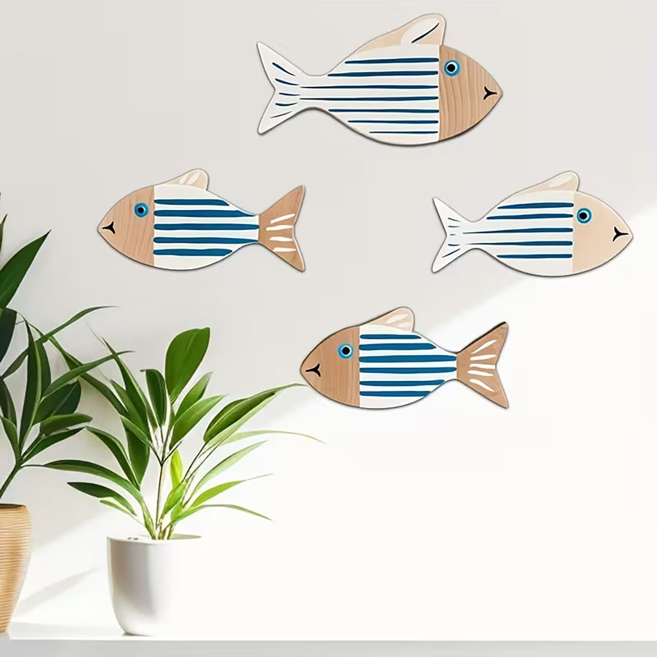 4 Pcs Wooden Striped Fish Wall - Home Decor Nautical 评论和价格