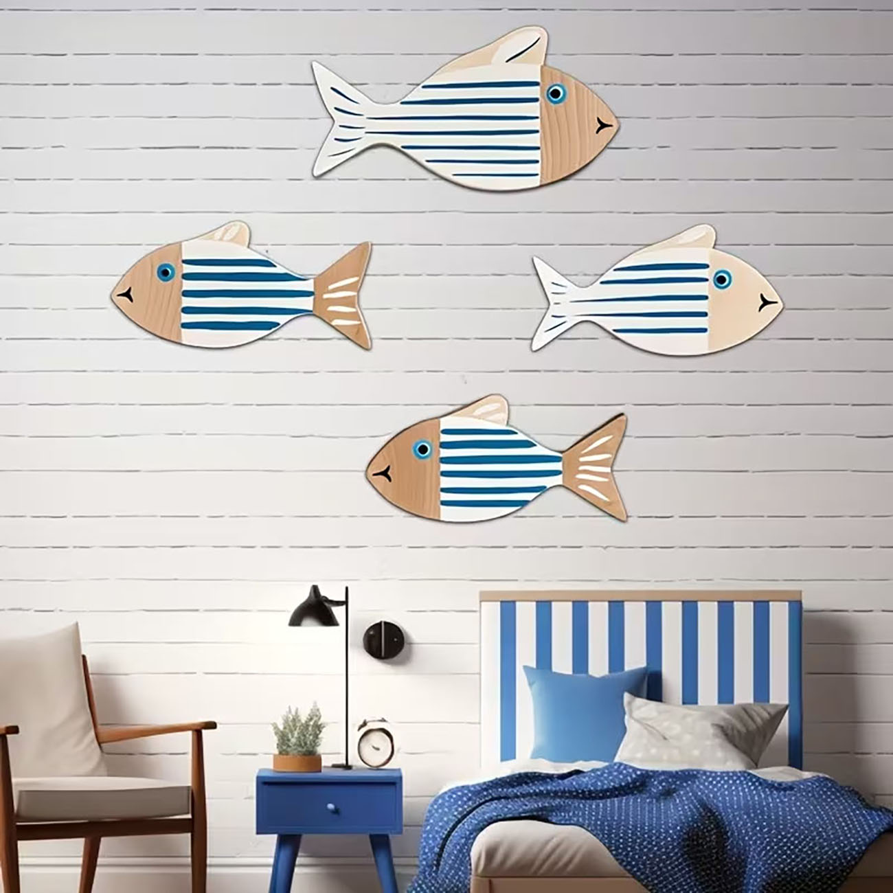 4 Pcs Wooden Striped Fish Wall - Home Decor Nautical 评论和价格